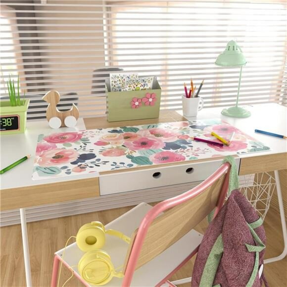 Large Pink Floral Desk Mat Mouse Pad Waterproof PU Leather Computer Desk Cover - Picture 3 of 8